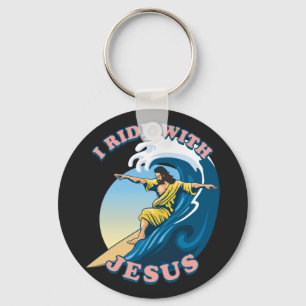  Ride With Jesus   Surfing Jesus Illustration Key Ring