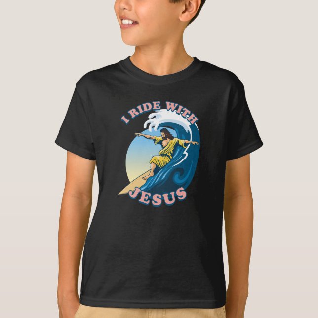  Ride With Jesus | Surfing Jesus Illustration T-Shirt (Front)