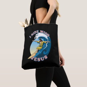  Ride With Jesus   Surfing Jesus Illustration Tote Bag