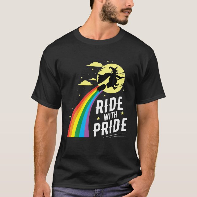 Ride With Pride LGBT Gay Lesbian Witch Halloween T-Shirt (Front)