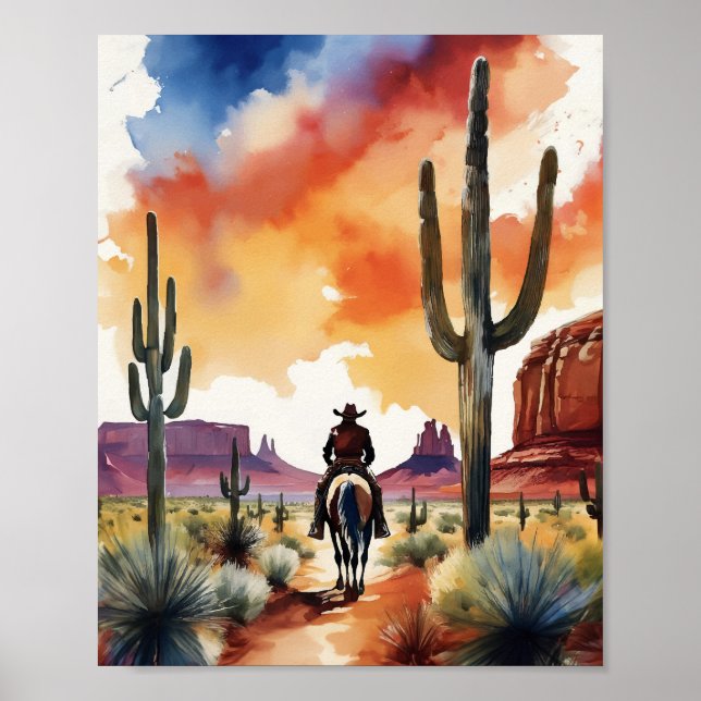 Rider at Dusk Cowboy Western Watercolor Poster (Front)