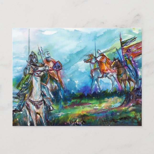 RIDERS IN THE STORM Mediaeval Knights Blue Postcard (Front)