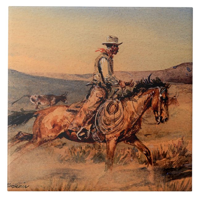 “Riding Herd” Western Art by Edward Borein Ceramic Tile (Front)