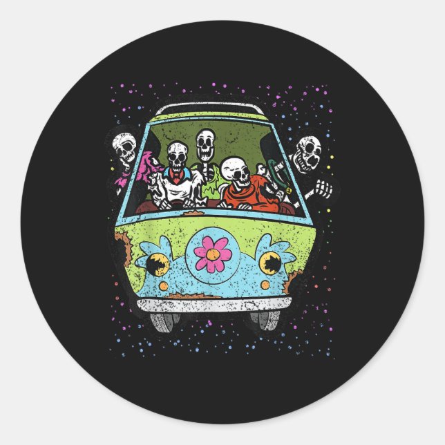 Riding Hippie Van Halloween Costume Retro Bones  Classic Round Sticker (Front)
