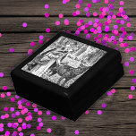 Riding Hood Flowers for Wolf Black White Drawing Gift Box<br><div class="desc">This wood gift box for trinkets,  jewellery,  or gift giving has a black and white drawing of Little Red Riding Hood in the forest giving flowers to the wolf holding her basket.   Customise your text with the template.</div>