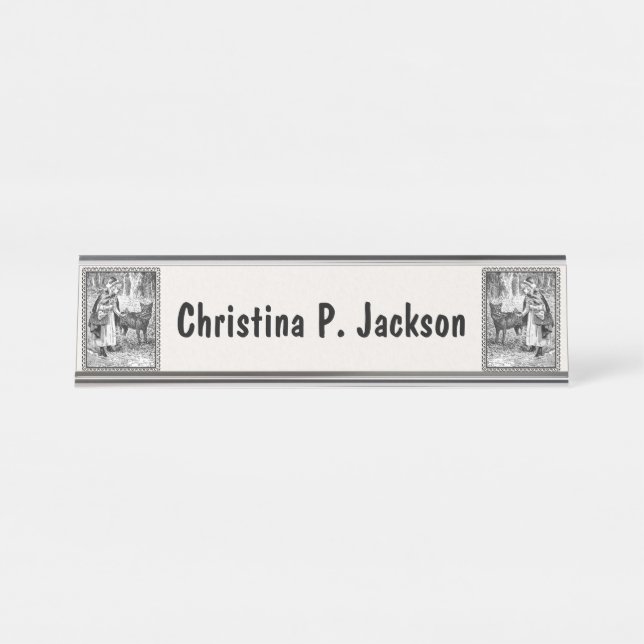 Riding Hood With Wolf in Woods Fancy Black Frame Desk Name Plate (Front)
