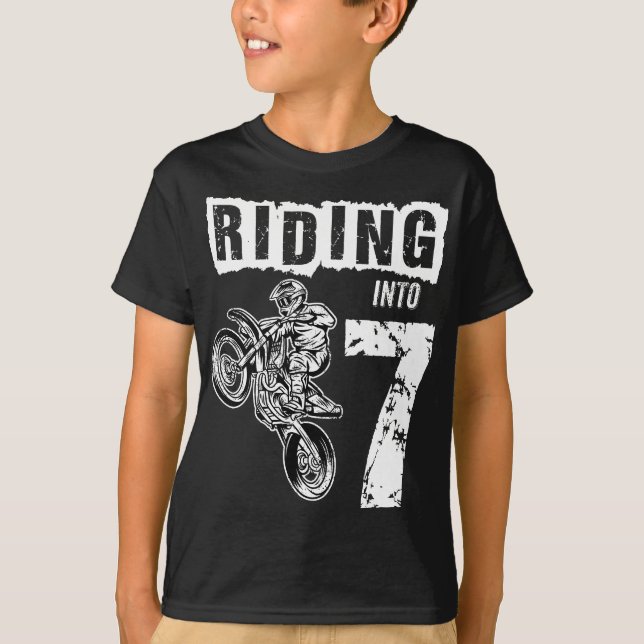 Riding Into 7 Years Old 7th Birthday Boy Dirt Bike T-Shirt (Front)