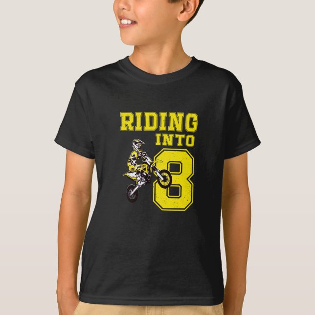 Riding Into 8 Years Old 8th Birthday Boy Dirt Bike T-Shirt (Front)