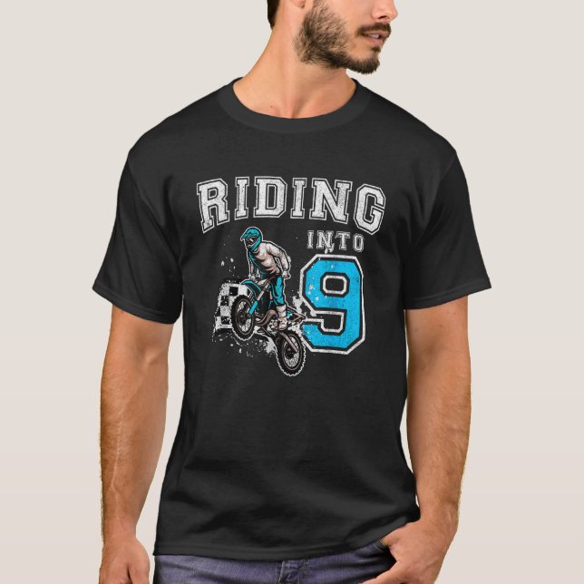 Riding Into 9 Years Old 9th Birthday Boy Dirt Bike T-Shirt (Front)
