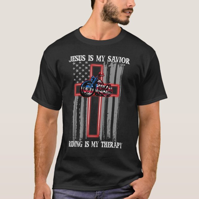 Riding Is My Therapy Us Flag Jesus God Christian S T-Shirt (Front)