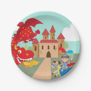 Riding Knight and Red Flying Dragon Paper Plate