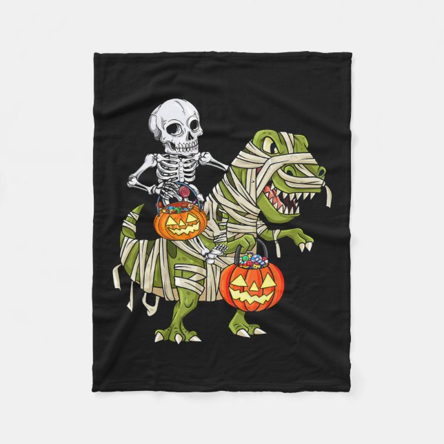 Riding Mummy Dinosaur T Rex Halloween Funny Pumpki Fleece Blanket (Front)