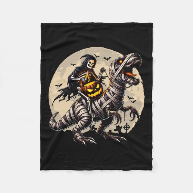 Riding Mummy Dinosaur T Rex Pumpkin Funny Hallowee Fleece Blanket (Front)