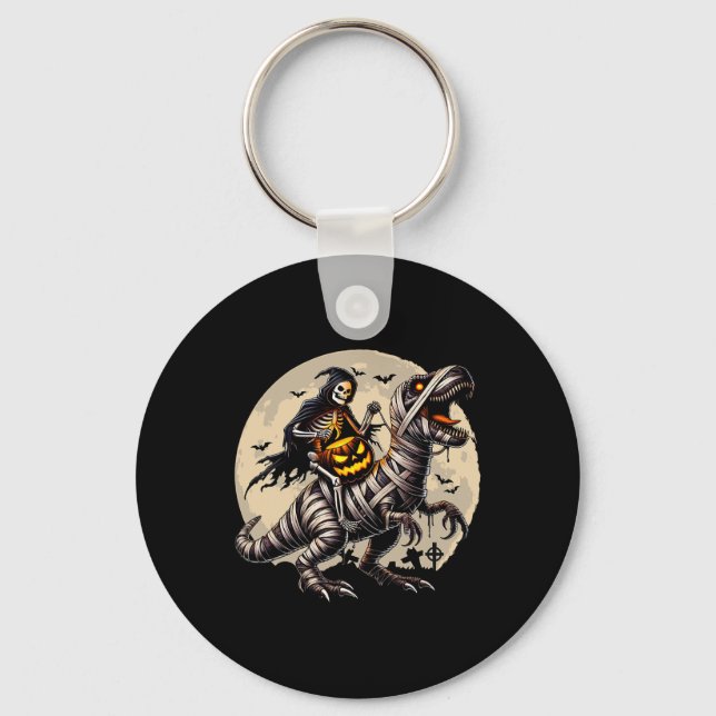 Riding Mummy Dinosaur T Rex Pumpkin Funny Hallowee Key Ring (Front)