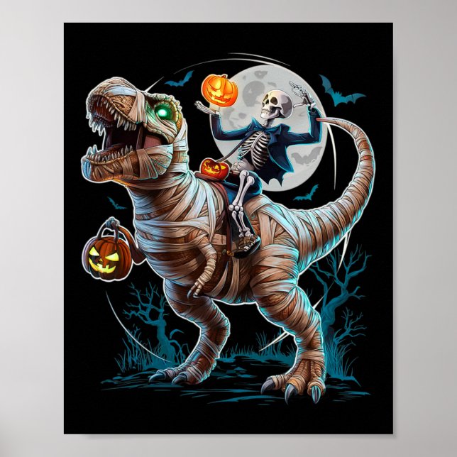 Riding Mummy Pumpkin T Rex Dinosaur Funny Hallowee Poster (Front)