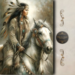 Riding Native Woman & White Horse Decoupage Tissue Paper