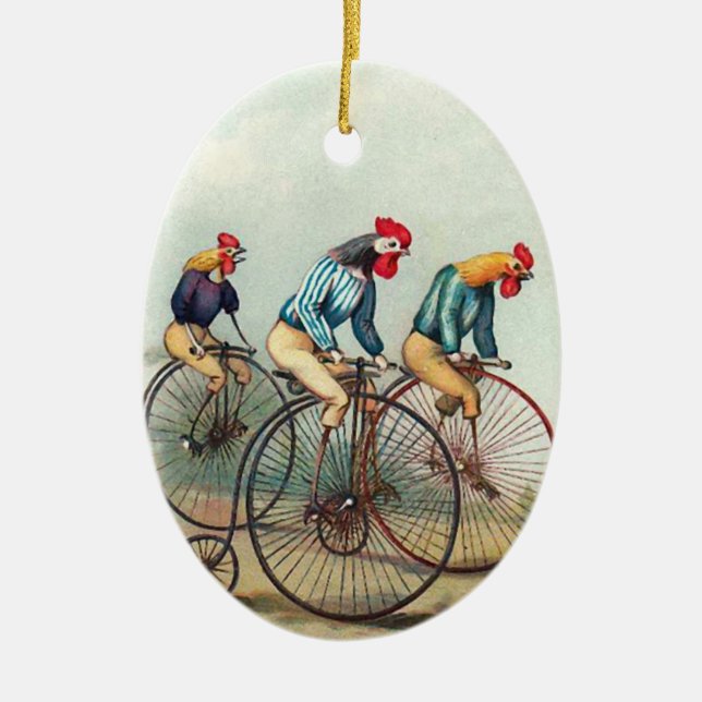 Riding Roosters Ceramic Tree Decoration (Front)