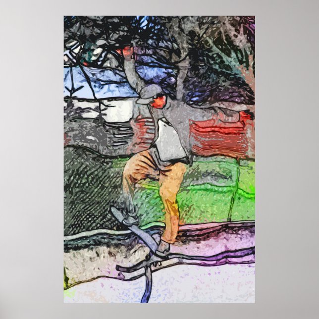 Riding the Rails - Cartoon Skateboarder Design Poster (Front)