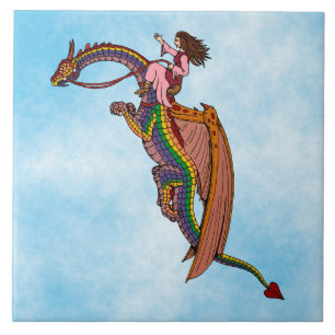 Riding the Rainbow Dragon Ceramic Tile