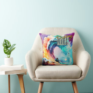 Riding Waves, Surfer in Colourful Ocean, Sporting Cushion
