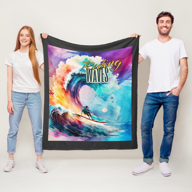 Riding Waves, Surfer in Colourful Ocean, Sporting Fleece Blanket (In Situ)