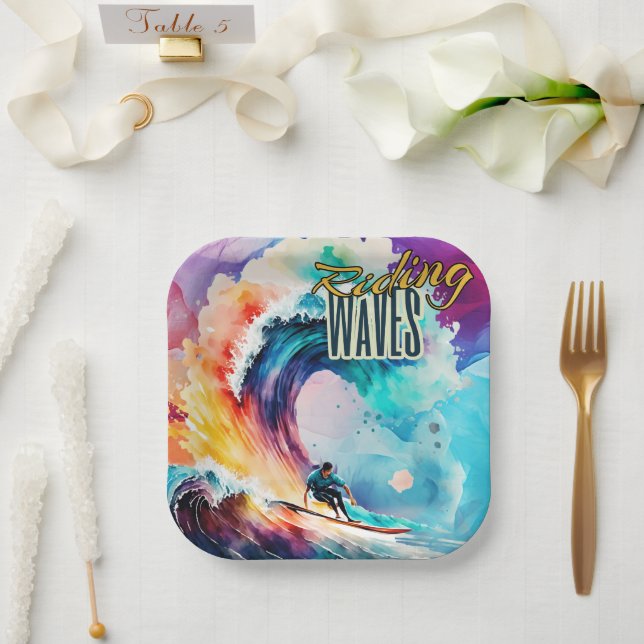 Riding Waves, Surfer in Colourful Ocean, Sporting Paper Plate (Wedding)