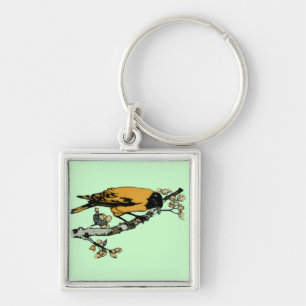 Rielaboration of Yellow Vintage Bird Illustration Key Ring
