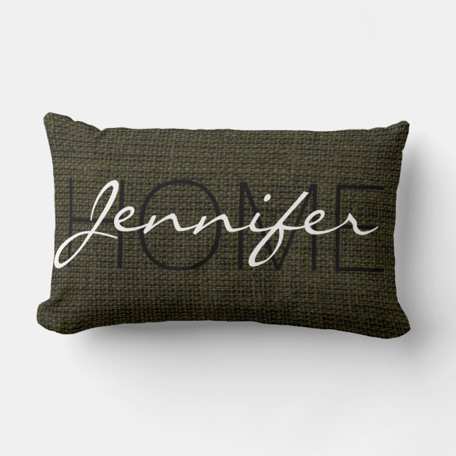 Rifle green Burlap Rustic Monogram Lumbar Cushion (Front)