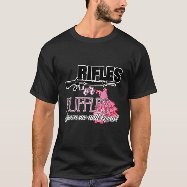 Rifles or Ruffles Baby Shower Gender Reveal Party  T-Shirt (Front)