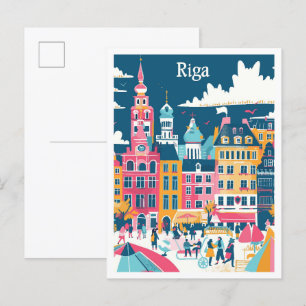 Riga Latvia Art Vintage Travel Illustration Postcard