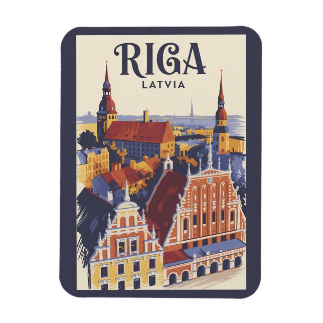 Riga Latvia Illustration Travel Art Vintage Magnet (Vertical)