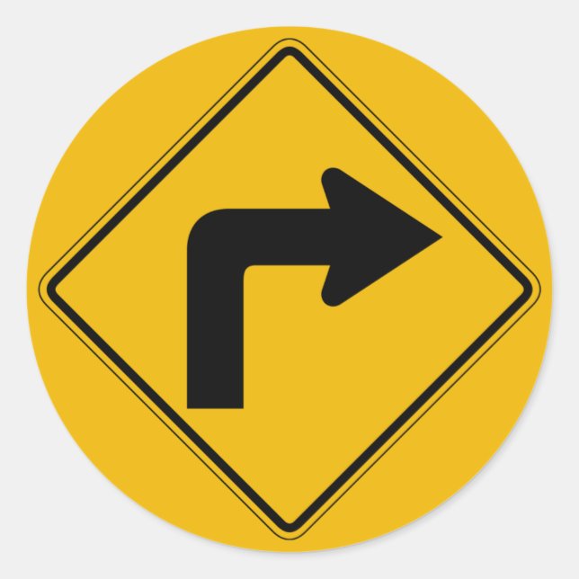 Right Turn, Traffic Warning Sign, USA Classic Round Sticker (Front)