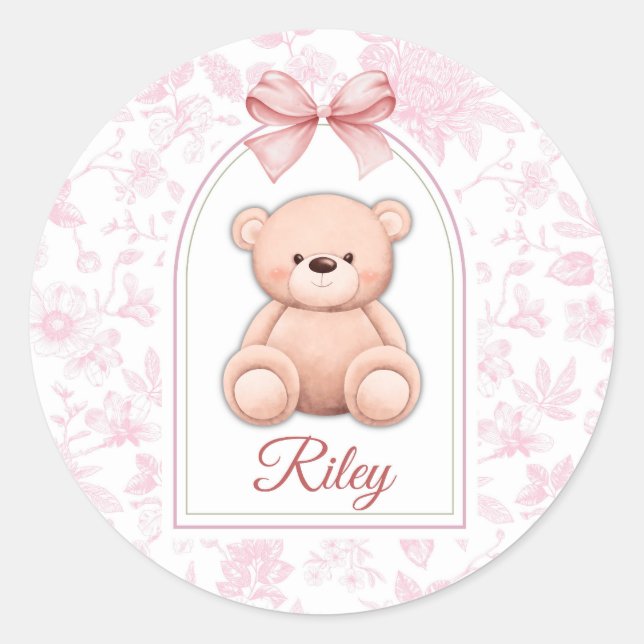 Riley | Custom Pink Teddy Bear Nursery Design  Classic Round Sticker (Front)