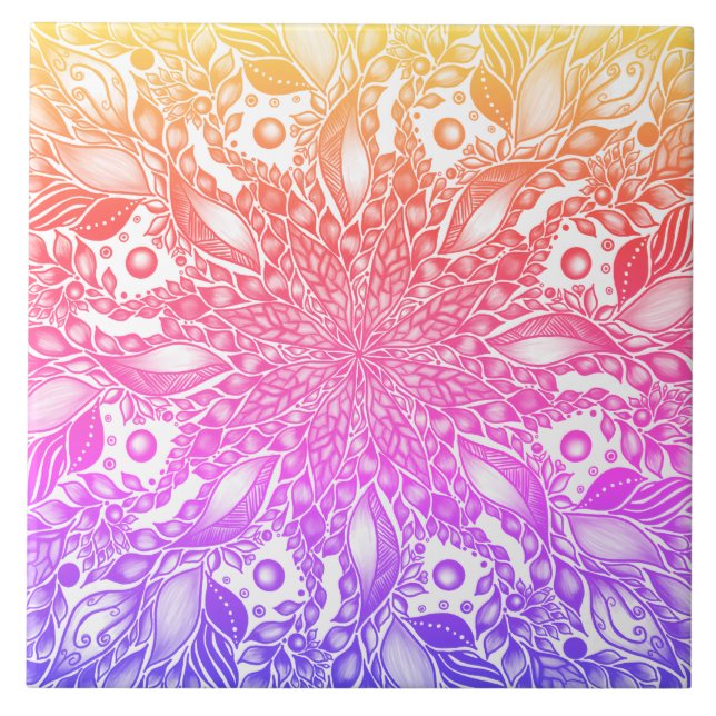 Rinbow ombre leaf mandala  ceramic tile (Front)