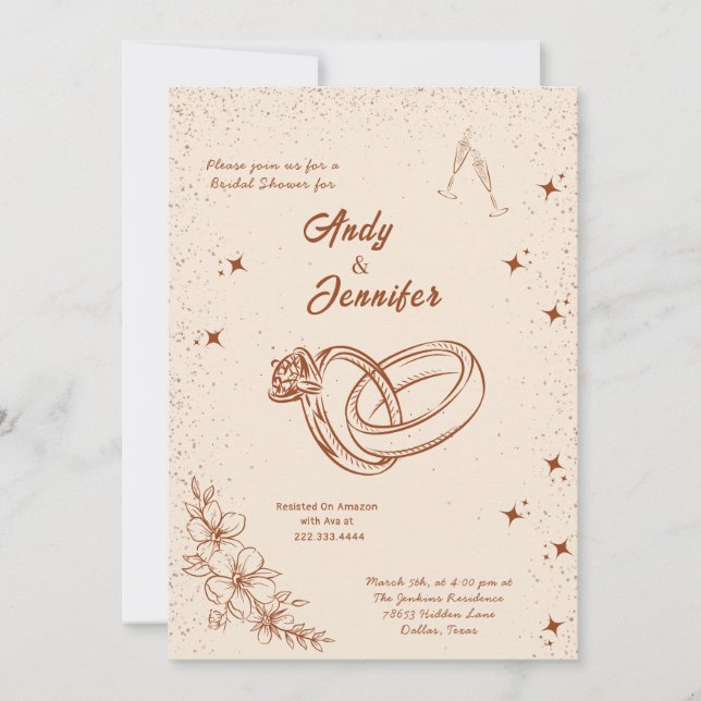 Ring and Floral Hand Drawn Bridal Shower  Invitation (Front)