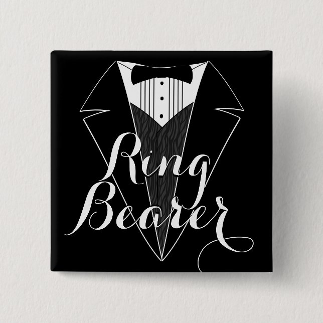 Ring Bearer Black Tux Wedding Party Button (Front)