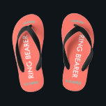 Ring Bearer NAME Coral Kid's Thongs<br><div class="desc">Ring Bearer is written in white text against bright coral colour with black accents. Name and Date of Wedding is turquoise blue. Personalise your little ring bear boy's name in arched uppercase letters. Click Customise to increase or decrease name size to fall within safe lines. Fun beach destination flip flops...</div>