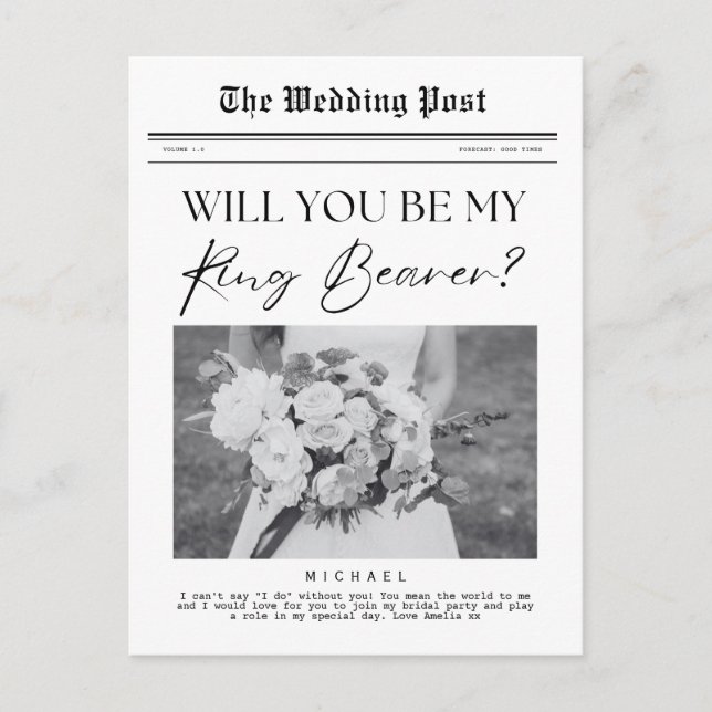 Ring Bearer proposal, Custom Newspaper Postcard (Front)