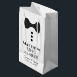 Ring Bearer Wedding Gift Bag with Black Tie Small<br><div class="desc">This gift bag is designed for your Ring Bearer. The design features black text and a black tie with buttons on a white background. Includes a space for his name as well as the name of the couple and the wedding date. Fill with gifts, favours, candy, booze, or any other...</div>