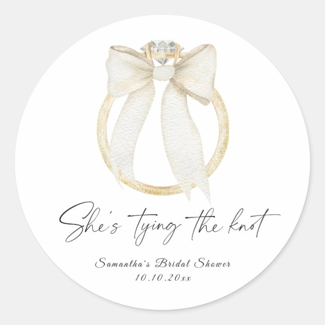 Ring Bow She's tying the knot Bridal Shower Classic Round Sticker (Front)