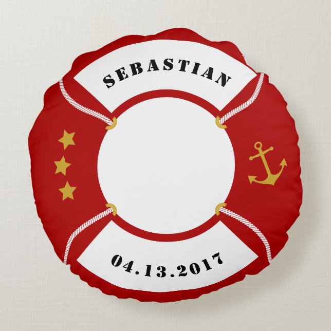 Ring Buoy Pillow, Lifebuoy, Red, White, Maritime Round Cushion (Back)