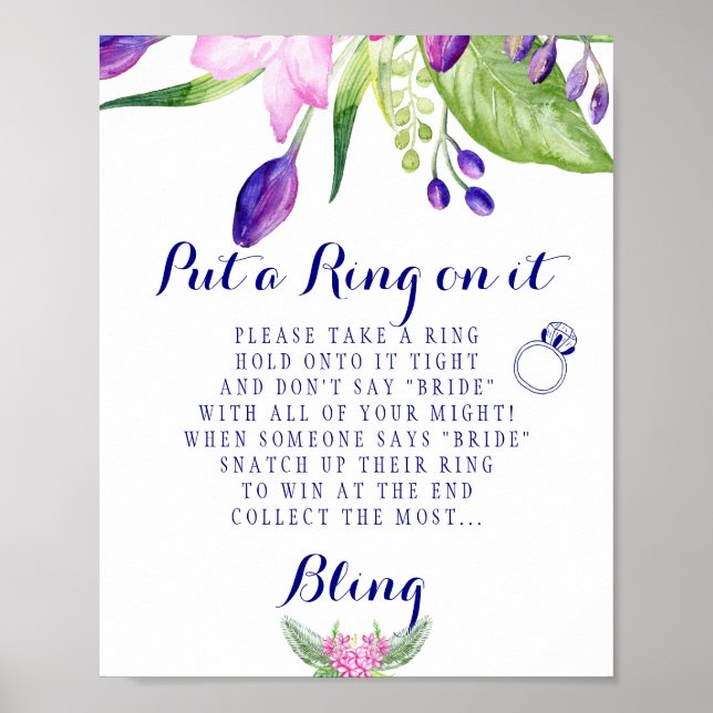 Ring game elegant floral bridal shower sign (Front)