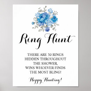 Ring Hunt Blue Flower Bridal Shower Game Sign