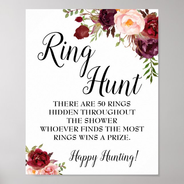 Ring hunt game Bridal shower marsala sign (Front)