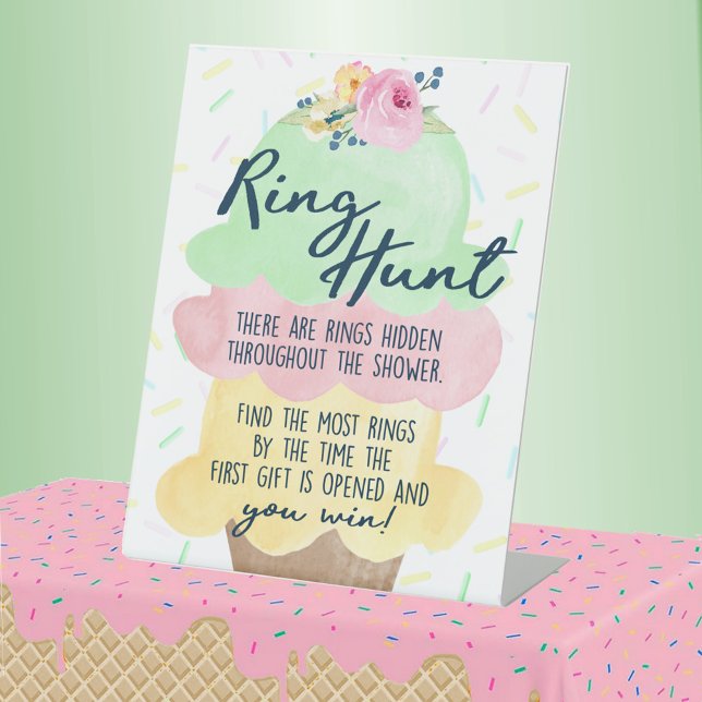 Ring Hunt Ice Cream Bridal Shower Game Pedestal Sign (Ring Hunt Game Watercolor Ice Cream Bridal Shower Pedestal Table Sign)