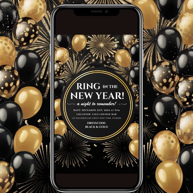 Ring In The New Year Black Gold Party Invitation (Creator Uploaded)