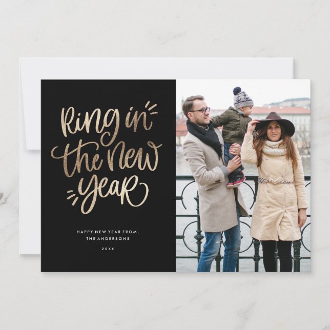 Ring in the New Year Faux Foil Holiday Photo Card (Front)