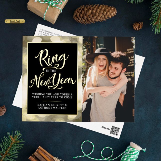 Ring In The New Year | Happy New Year Photo Real Foil Holiday Postcard (Creator Uploaded)