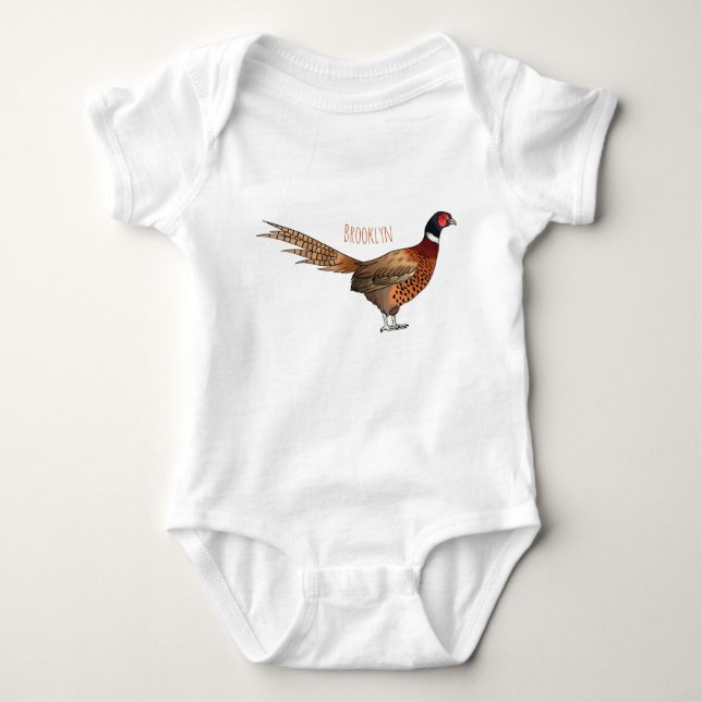 Ring-necked pheasant bird cartoon illustration baby bodysuit (Front)