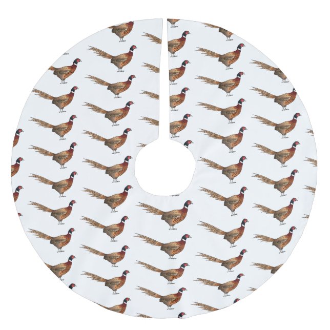 Ring-necked pheasant bird cartoon illustration  brushed polyester tree skirt (Front)